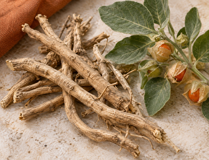 Ashwagandha-Wurzel und ein Zweig mit rot-orangen Früchten.