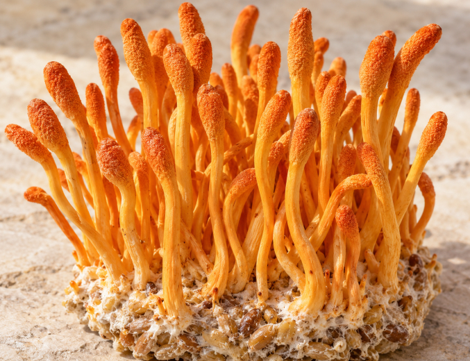 Orangefarbene Fruchtkörper von Cordyceps, die aus einem Getreidesubstrat wachsen.