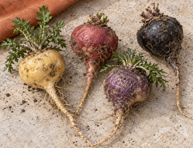 Gelbe, rote, violette und schwarze Maca mit Blättern und dünnen Wurzeln.