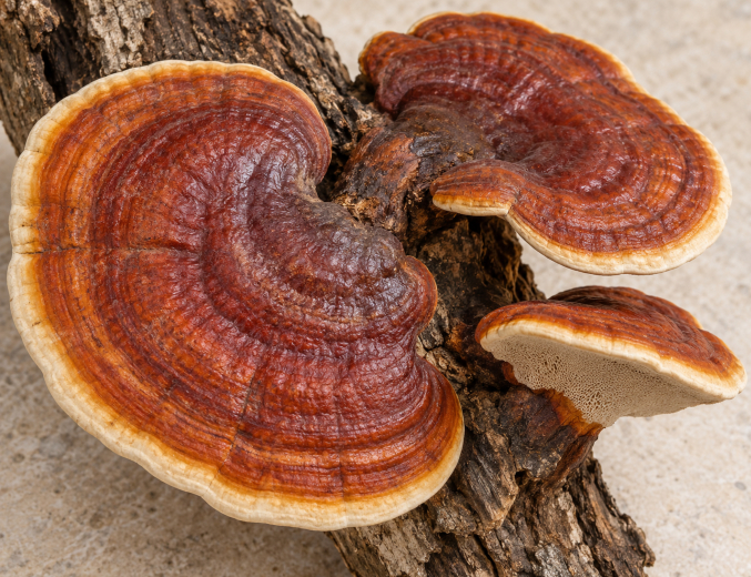 Rotbraune Reishi-Fruchtkörper, die auf einem Stück Holz wachsen.