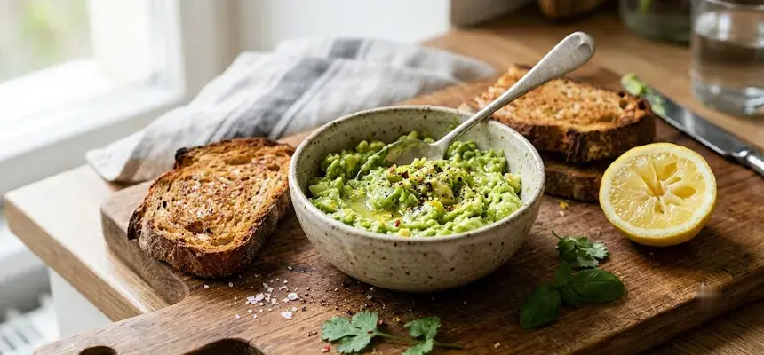 Zerdrückte Avocado mit Zitrone, bereit für den Toast