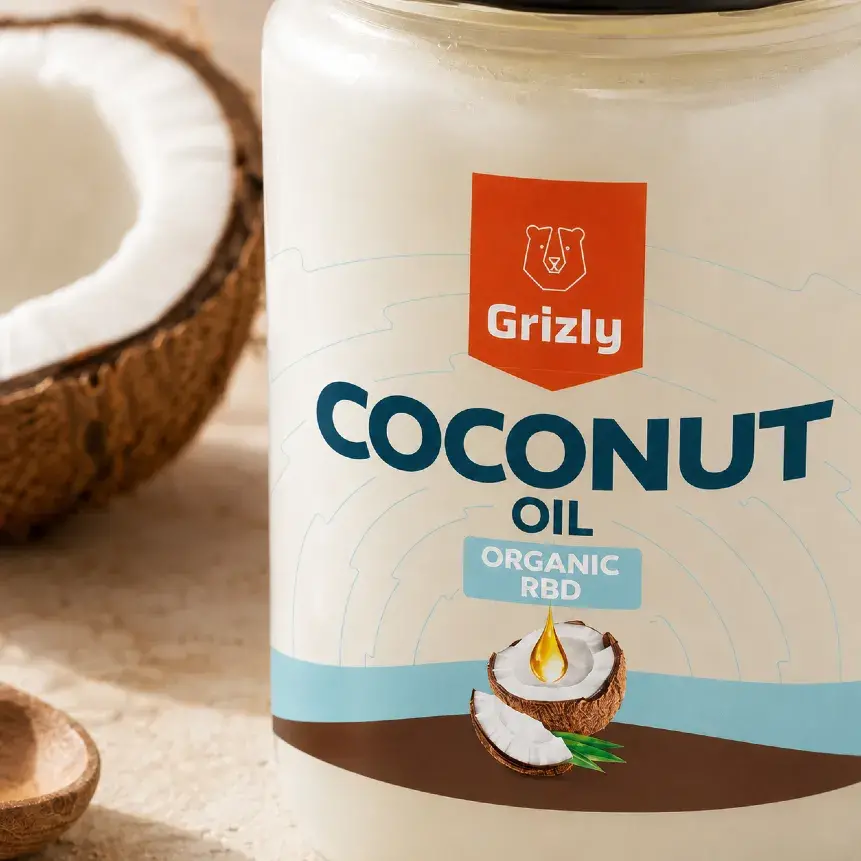 Verpackungsdetail des GRIZLY Kokosöls mit der Bezeichnung Organic