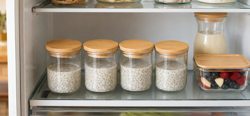 Gläser mit Chia-Pudding, für mehrere Tage im Kühlschrank vorbereitet.