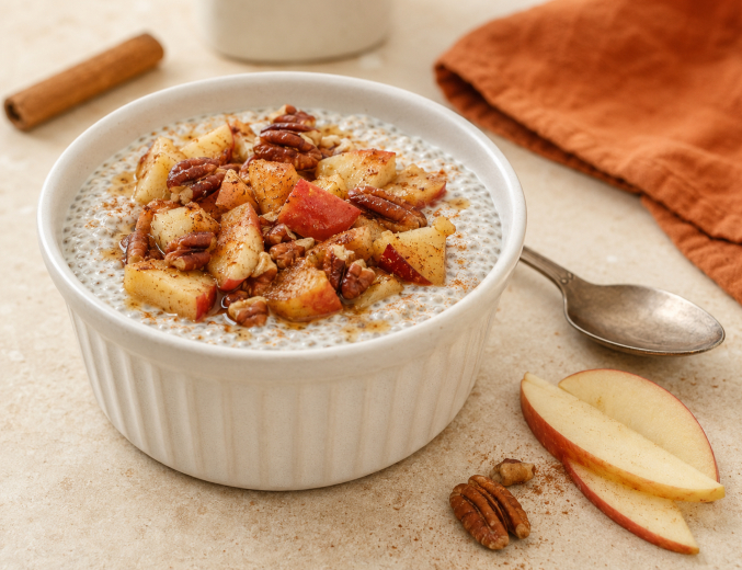 Chia-Pudding mit gedünstetem Apfel, Pekannüssen und Zimt.