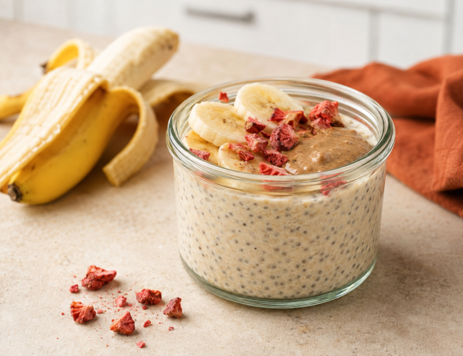 Chia-Pudding mit Banane, Mandelmus und gefriergetrockneten Erdbeeren.