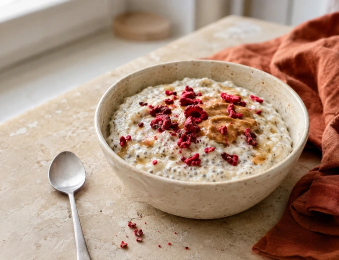 Chia-Pudding mit Quark, Erdnussbutter und gefriergetrockneten Himbeeren.