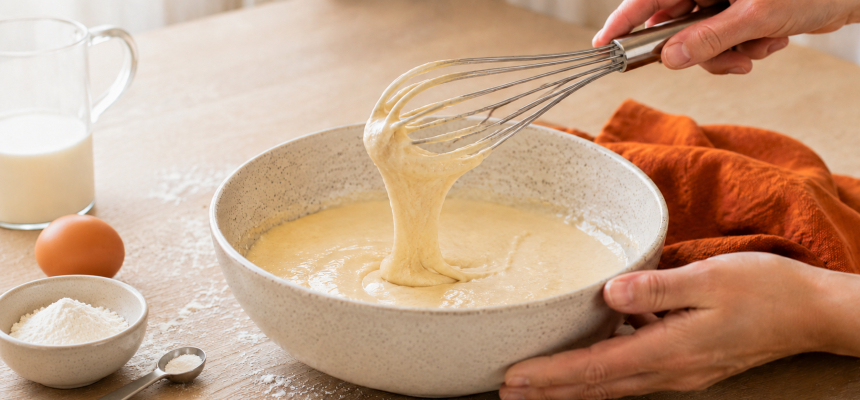 Dicker Teig für fluffige Pancakes, der vom Schneebesen tropft