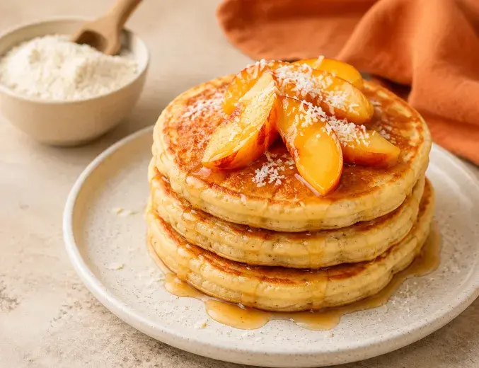 Glutenfreie Pancakes mit Pfirsichen und Kokos