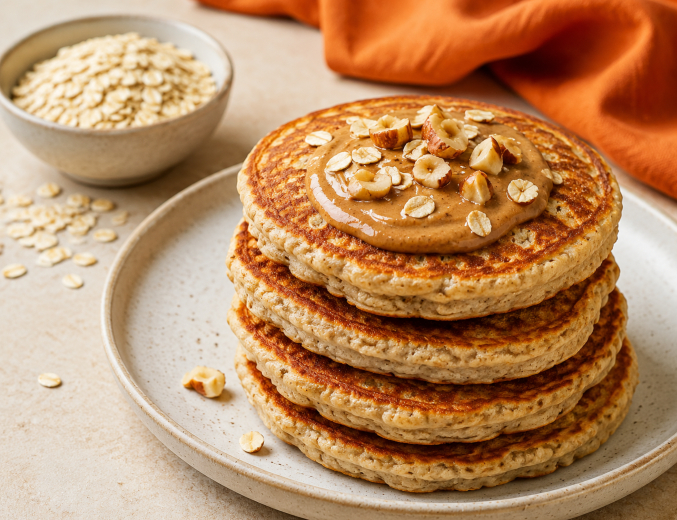 Hafer-Pancakes mit Haferflocken und Nusscreme