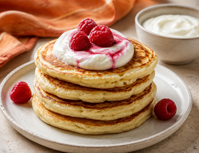 Joghurt-Pancakes mit Naturjoghurt und Himbeeren