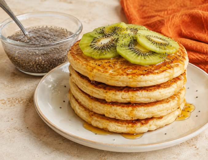 Pfannkuchen ohne Eier mit Kiwi und Chia-Samen