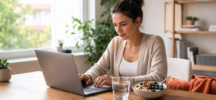 Eine Frau arbeitet am Laptop, neben dem sie Haferbrei mit Früchten und Nüssen und ein Glas Wasser hat.