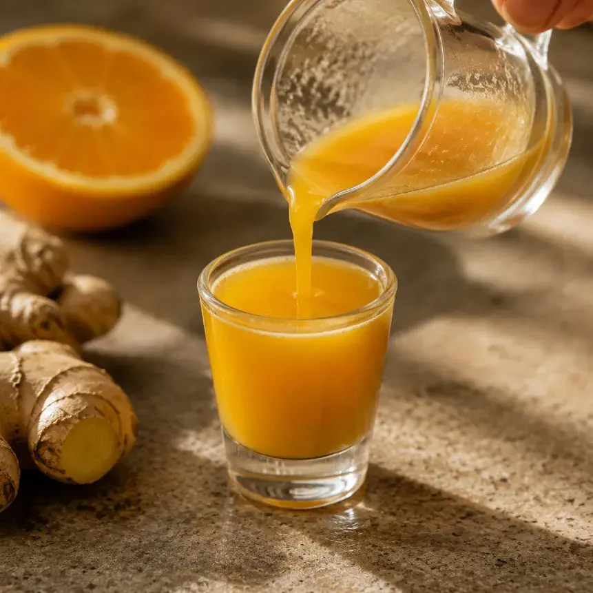 Einschenken des fertigen Ginger shots in ein kleines Glas