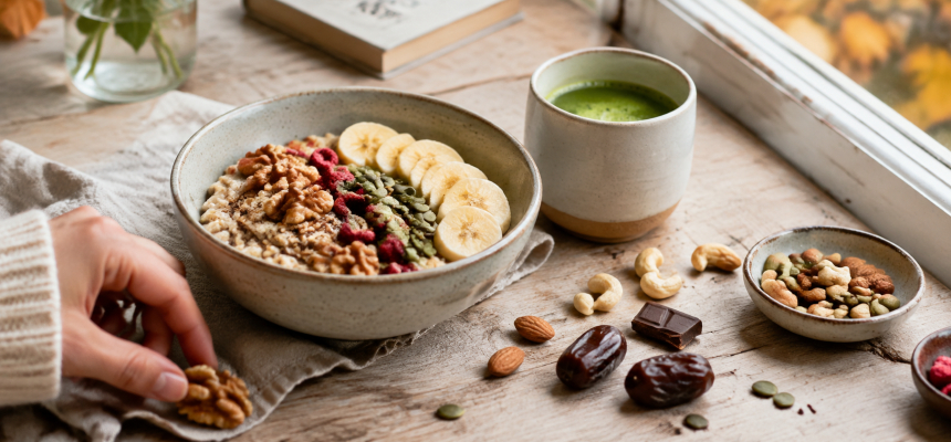 Haferbrei mit Nüssen, Früchten, Samen und Matcha-Tee gegen Müdigkeit