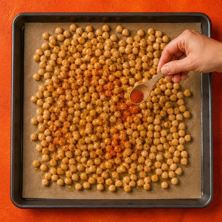 Geröstete Kichererbsen auf dem Backblech bei der Zubereitung eines plant-based Rezepts