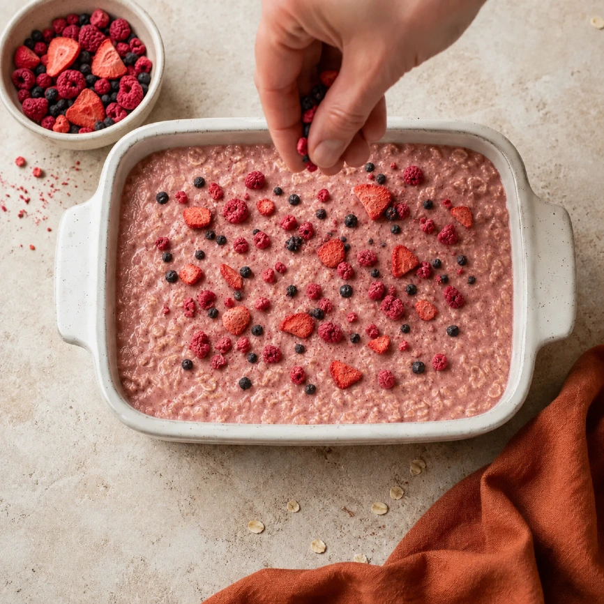Zubereitung von fruchtigen baked oats mit gefriergetrockneten Erdbeeren, Himbeeren und Blaubeeren