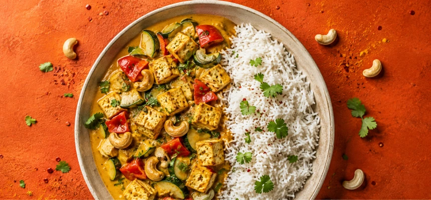 Herzhaftes plant-based Gericht mit Reis, Gemüse und Kräutern