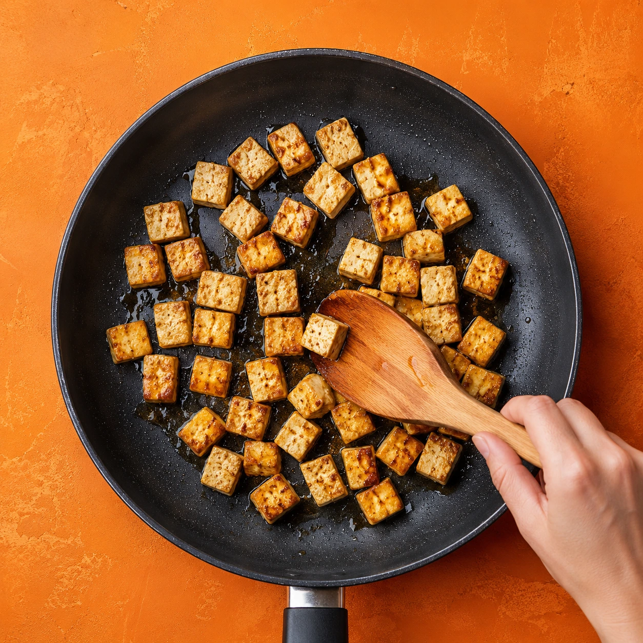 Anbraten von Tofu in der Pfanne bei der Zubereitung eines plant-based Rezepts