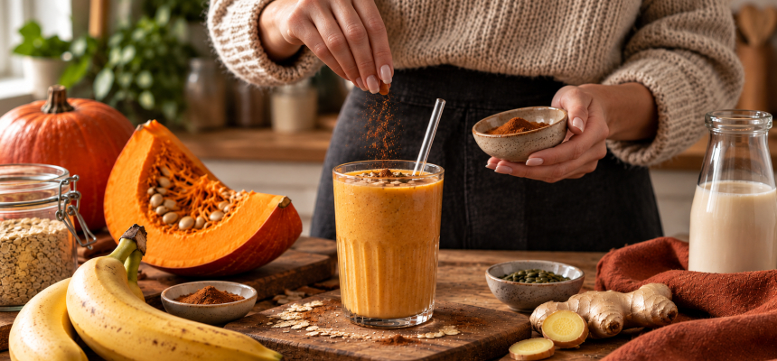 Kürbis-Smoothie in der Küche zubereiten