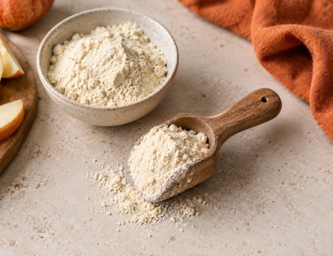 Proteinpulver in einer Schüssel und einem Holz-Messlöffel