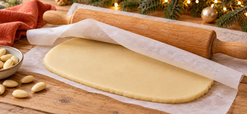 Hausgemachtes Marzipan, ausgerollt zwischen zwei Lagen Backpapier