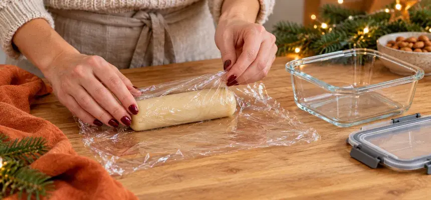 Eine Frau wickelt hausgemachtes Marzipan in Frischhaltefolie ein