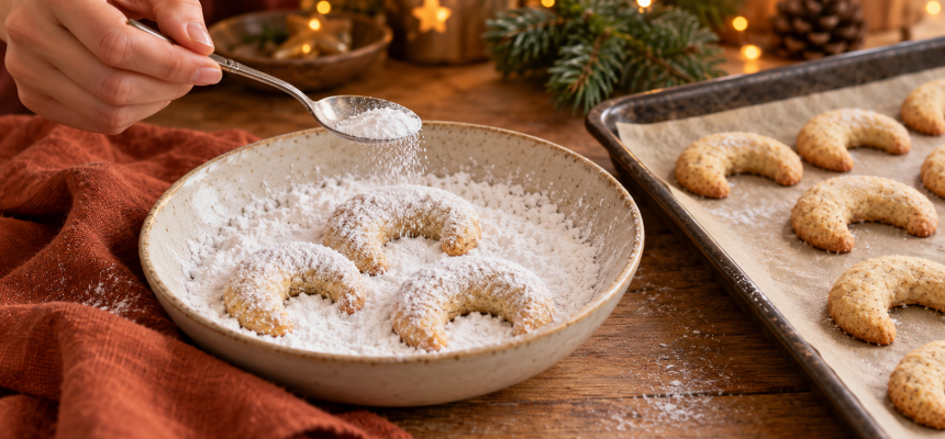 Vanillekipferl in einer Mischung aus Puder- und Vanillezucker wälzen