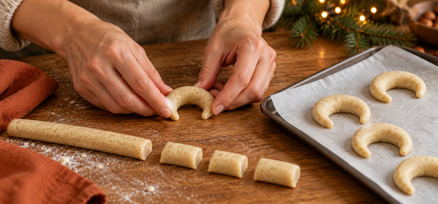 Handgeformte Vanillekipferl aus Nussteig in Form von kleinen Halbmonden