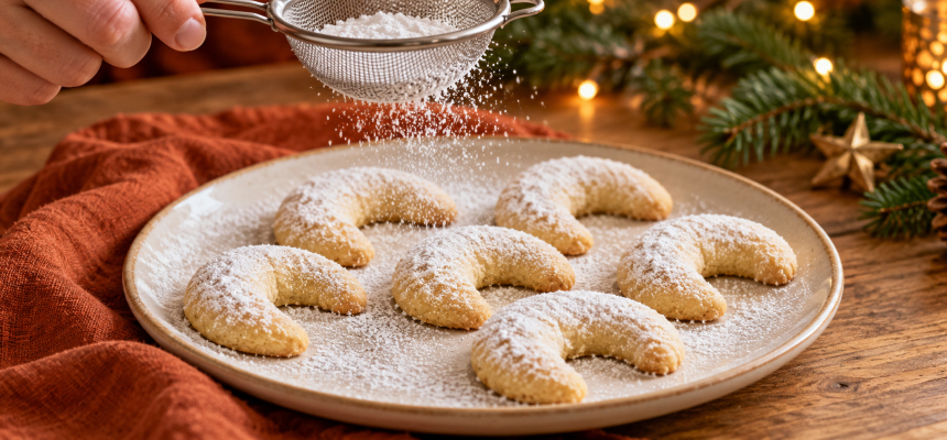 Vanillekipferl mit Puderzucker durch ein Sieb bestäuben
