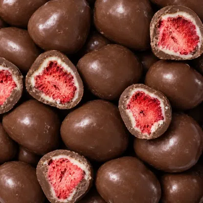 Gefriergetrocknete Erdbeeren in Vollmilch- und weißer Schokolade